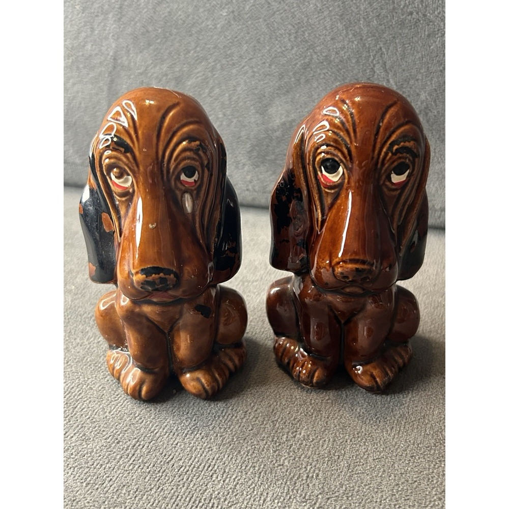 Vintage Enesco Japan Basset Hound Dog Salt Pepper Shakers Sad Face Brown